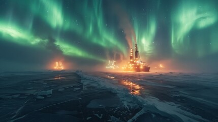 Poster - Colorful auroras brighten the night sky over an oil rig positioned on frozen waters. The ethereal lights reflect off the icy surface, enhancing the tranquil Arctic atmosphere.