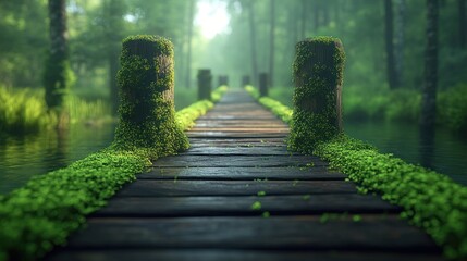 Wall Mural - Mossy boardwalk path through misty forest