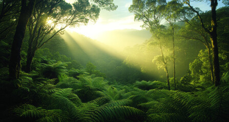 Poster - Gentle beams of sunlight filter through a dense canopy, illuminating the misty forest. Lush fern foliage reaches outward, inviting tranquil exploration and reflection in this enchanting setting