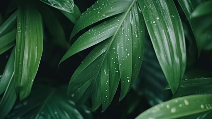 Poster - Verdant tropical foliage glistening with rainwater, representing environmental conservation and natural ecosystem sustainability through vibrant botanical detail