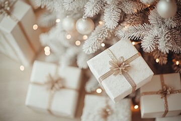 Wall Mural - White Christmas background with Christmas tree, bokeh lights, and gift boxes on table, close-up shot, soft daylight, natural colors.