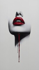 Poster - Hyperdetailed photorealistic black and white pencil sketch of a faint smokey silhouette of a woman with bright red lips and a longstemmed red rose dripping with vivid red liquid in contrast