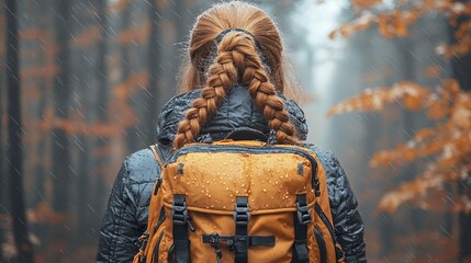 Wall Mural - Woman with Braided Hair Hiking in Rainy Forest