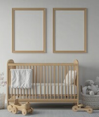 Light wooden crib with white bedding, two blank wooden frames on the wall, and stuffed animals in a basket. Neutral color palette, minimalist nursery