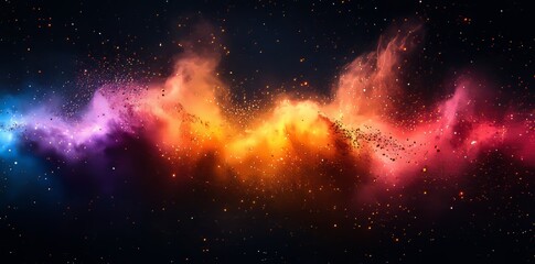 Poster - Fluid Motion of Glowing Multicolor Neon Dust in Slow-Motion Collision on a Black Background for Abstract Art and Visual Effects