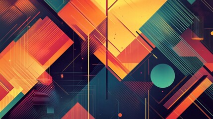 Poster - abstract geometric pattern with overlapping layers, bright colors, and line effects.