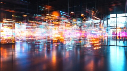 Poster - Vibrant light display in a modern exhibition space at night highlighting digital art