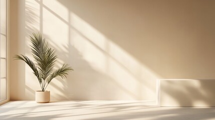 Poster - beige backdrop with subtle window light and plant shadows for displaying products