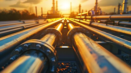 Leinwandbilder - Steel pipelines extend into the distance, reflecting the warm hues of the sunset. The industrial landscape emphasizes energy production and infrastructure in a serene atmosphere.