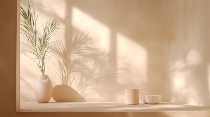Poster - beige backdrop with subtle window light and plant shadows for displaying products