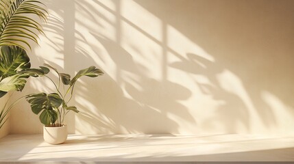 Poster - beige backdrop with subtle window light and plant shadows for displaying products