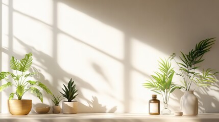 Poster - beige backdrop with subtle window light and plant shadows for displaying products