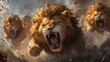 © A4719 - Three majestic lions charging forward, manes windblown, mouths open in a roar. Dust and debris fly around them, creating a dynamic and powerful