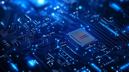 Poster - Circuit board with abstract blue lines and electronic parts on a tech background. Motherboard with chip, processor, and semiconductor. Digital vector illustration.