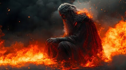 Poster - Hyperrealistic digital masterpiece of a kneeling Viking god of fire disintegrating with windswept ash and glowing veins revealed showcasing extreme detail in a black background environment