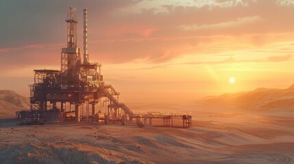 Aufkleber - A large oil drilling rig is silhouetted against a stunning sunrise in a distant, arid landscape, highlighting the contrast between industry and nature.