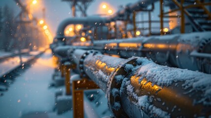 Aufkleber - Industrial pipelines are blanketed in snow under evening lights, showcasing the contrast between the cold weather and the warm glow of illumination in a manufacturing area.