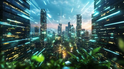 Poster - City skyline illuminated by vibrant lights and digital elements at dusk in a modern metropolis