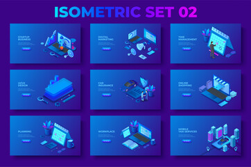 Aufkleber - Dark isometric 3d bestsellers illustrations bundle. Time management, startup, digital marketing, car insurance, online shopping and mobile taxi services with characters