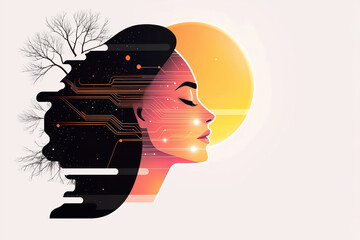Poster - Minimal female silhouette with circuit-like hair pattern gazes thoughtfully toward a bright sun. The composition features a blend of nature and technology against a soft background