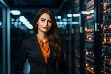 Poster - Portrait of young, successful female it engineer posing in modern server room
