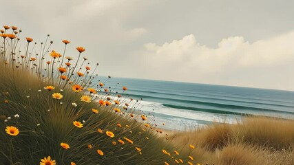 Poster - A beach with a large body of water and a field of yellow flowers. The flowers are scattered throughout the field and are in various sizes