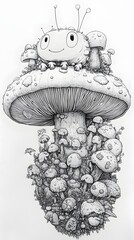 Poster - Lively blackandwhite drawing of a caterpillar with a funny face on top of a whimsical mushroom using varied line thickness to convey motion and texture in a dynamic comic style