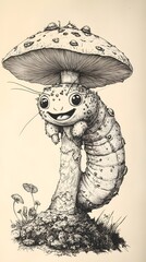 Fototapete - Lively blackandwhite drawing of a caterpillar with a funny face on top of a whimsical mushroom using varied line thickness to convey motion and texture in a dynamic comic style