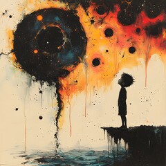 Poster - Lively blackandwhite sketch of a small boy engaging in conversation with the moon and stars infused with surreal colors and dynamic alcohol ink splatter effects creating a dreamlike scene