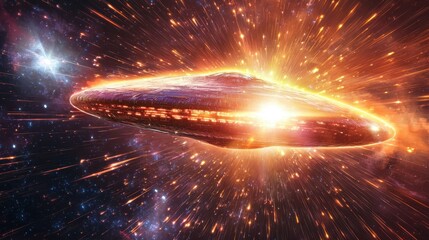 Poster - Futuristic UFO Flying Through Vibrant Starry Space Background