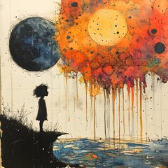 Fototapete - Lively blackandwhite sketch of a small boy engaging in conversation with the moon and stars infused with surreal colors and dynamic alcohol ink splatter effects creating a dreamlike scene