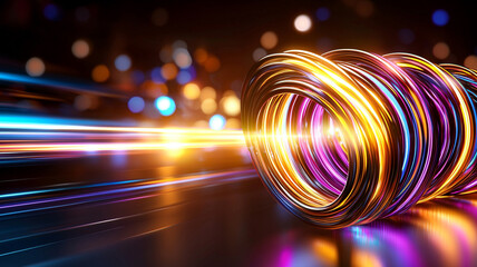 Poster - A vibrant, abstract visual showcasing a dynamic swirl of colorful lights and trails. The composition features glowing rings of orange, purple, and