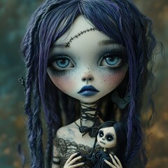 Poster - Lowbrow surreal dolllike girl pale skin voluminous purple hair with black streaks deep blue lips holding a voodoo doll with nails set against a muted dark green and brown background