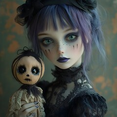 Poster - Lowbrow surreal dolllike girl pale skin voluminous purple hair with black streaks deep blue lips holding a voodoo doll with nails set against a muted dark green and brown background