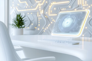 Poster - Hologram display projects a stunning visual on a pristine white desk in a minimalist office. The space is bright and inviting with soft lighting and a touch of greenery