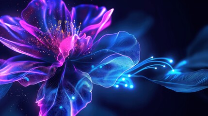digital neon flower. futuristic wireframe glowing blossom on black background. abstract cyber hologr