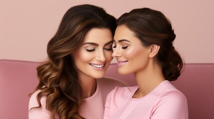 Wall Mural - Close up view loving adult daughter and middle-aged mother sitting together on couch holding hands touching noses foreheads enjoy moment HD 8K wallpaper Photographic Image