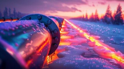 Poster - Bright colors from a stunning sunset reflect off industrial pipes in a snowy landscape, creating a captivating visual near a serene forest setting.