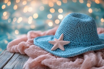 Knitted blue sun hat with starfish decoration on a soft pink scarf by shimmering water in the background