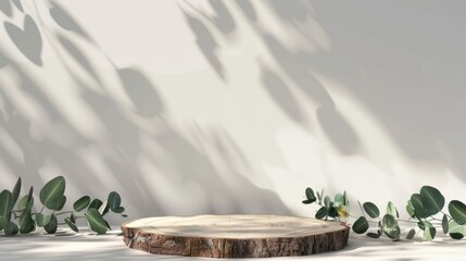 Wall Mural - Wooden podium on white wall background with branch of plant eucalyptus and shadows. Natural calm backdrop with wood platform and empty place for product display presentation, advertising, mock up