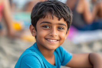 Happy child enjoys beach day with family and friends near the shore during bright sunny afternoon