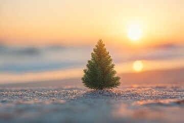 Wall Mural - Miniature evergreen tree stands on sandy beach at sunset creating a striking contrast with the colorful sky