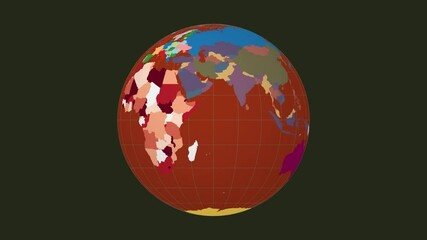 Poster - Spinning planet. Normal sphere view. Moderate speed planet rotation. Colored countries style. World map with sparse graticule lines on a dark background. Excellent animation.