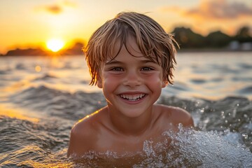 child enjoys swimming in sunset glow, capturing joy and innocence at the beach