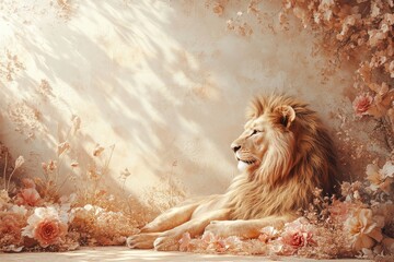 Wall Mural - Majestic lion resting among soft blossoms in a serene and ethereal landscape with warm sunlight