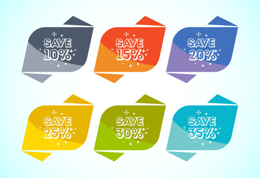 Save 5, 10, 15, 20, 25, and 30 percent icon, banner, sticker for business, marketing and advertising