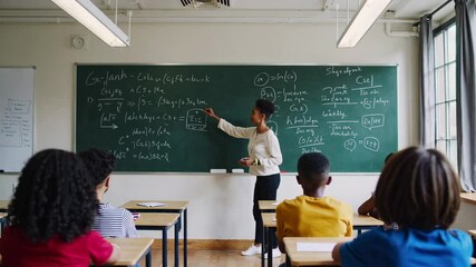 Aufkleber - African american teacher explains math equations on a chalkboard to a diverse group of students in a classroom setting, fostering learning and engagement