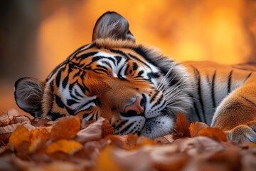 Wall Mural - Tiger resting on orange leaves in a serene forest setting during autumn