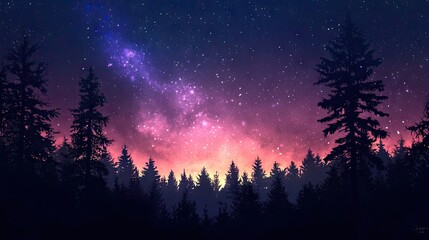 Wall Mural - A meteor shower lighting up the night sky, with a silhouetted forest in the foreground. 