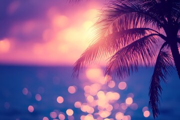 Wall Mural - Beautiful sunset over the ocean with silhouetted palm trees and vibrant colors in the sky